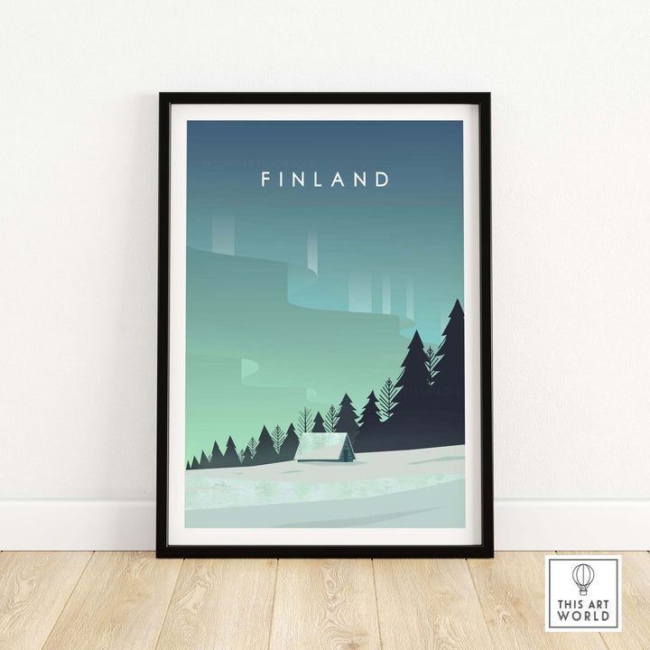 Finland Print Wall Art Poster featuring Northern Lights and minimalist design, perfect for home or office decor.