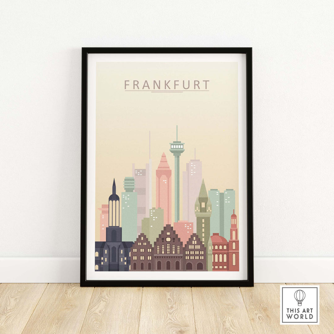 Frankfurt skyline print wall art in pastel tones featuring iconic architecture for home decor.