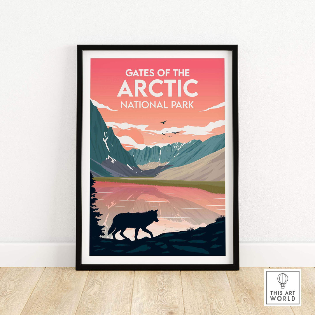 Gates of the Arctic National Park vintage travel poster featuring a hiking wolf against a scenic landscape.