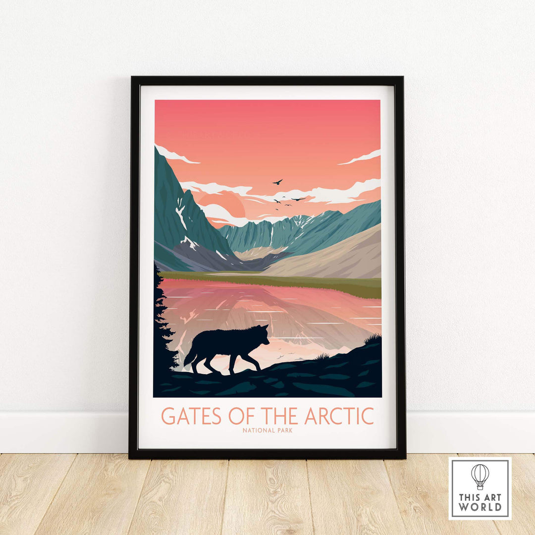 Gates of the Arctic National Park poster featuring a bear silhouette against a mountain landscape at sunset.