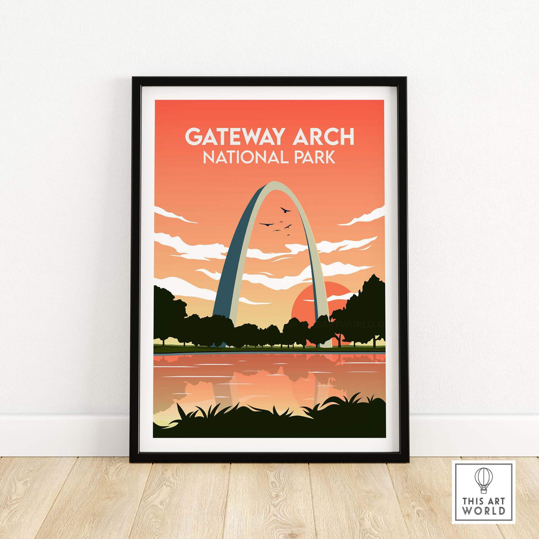 Gateway Arch National Park poster print with vibrant colors and landscape reflection, framed artwork for wall decor.
