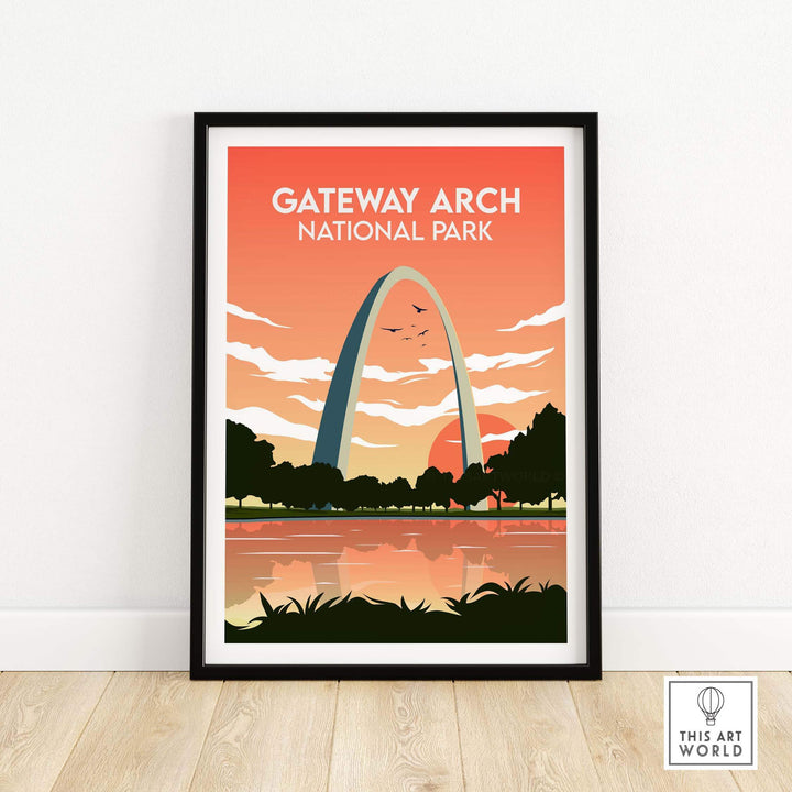 Gateway Arch National Park poster print with vibrant colors and landscape reflection, framed artwork for wall decor.