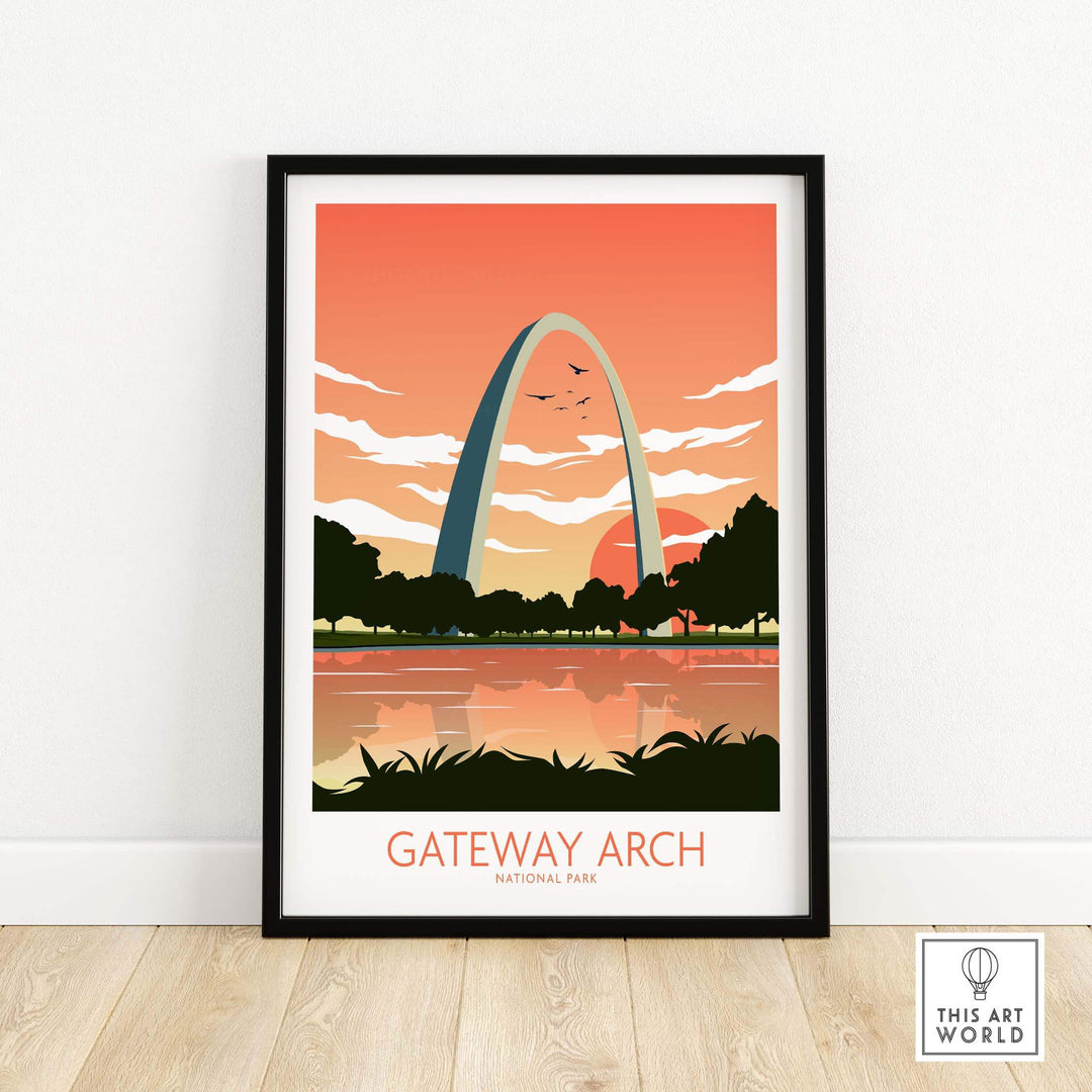 Gateway Arch National Park art print in minimalist style with sunset background and trees, framed wall decor.