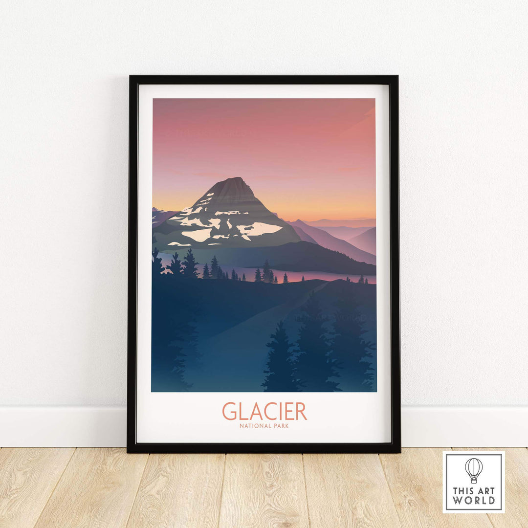 Minimalist Glacier National Park art print featuring a mountain at sunset, framed for home or office decor.