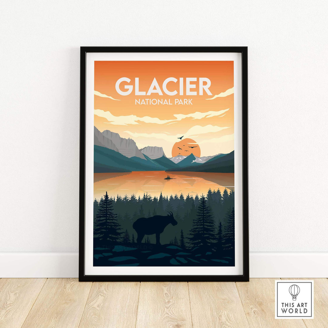 Scenic Glacier National Park poster featuring mountains, lake, and wildlife in a minimalist design.