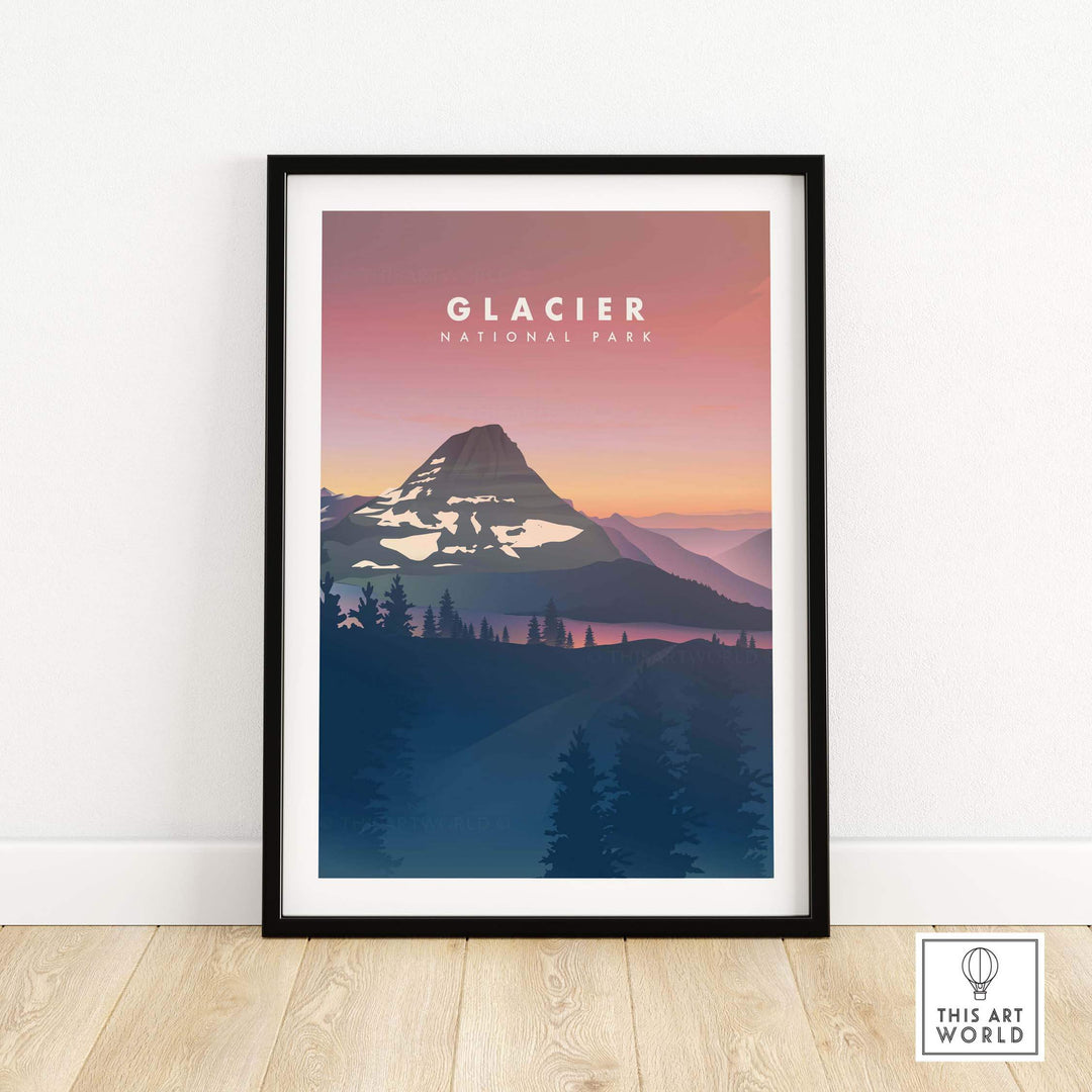 Framed Glacier National Park Art print showcasing Hidden Lake at sunset, perfect for home or office decor.
