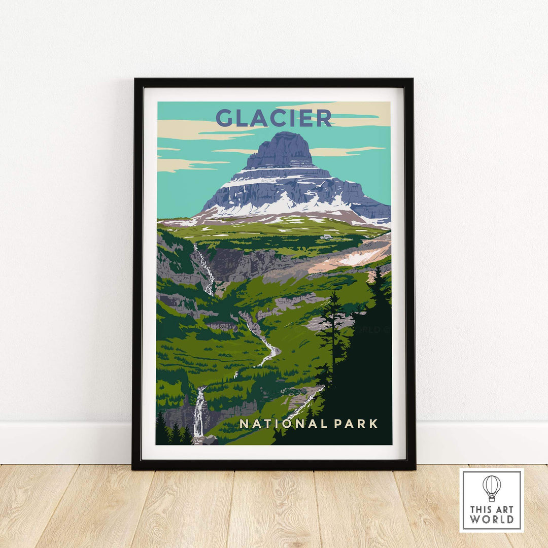 Glacier National Park vintage-inspired print in a black frame showcasing a scenic mountain landscape.