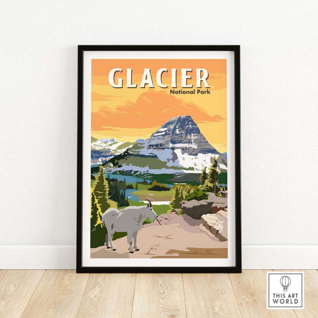 Glacier National Park vintage poster art print featuring mountains and wildlife, perfect for home or office decor.