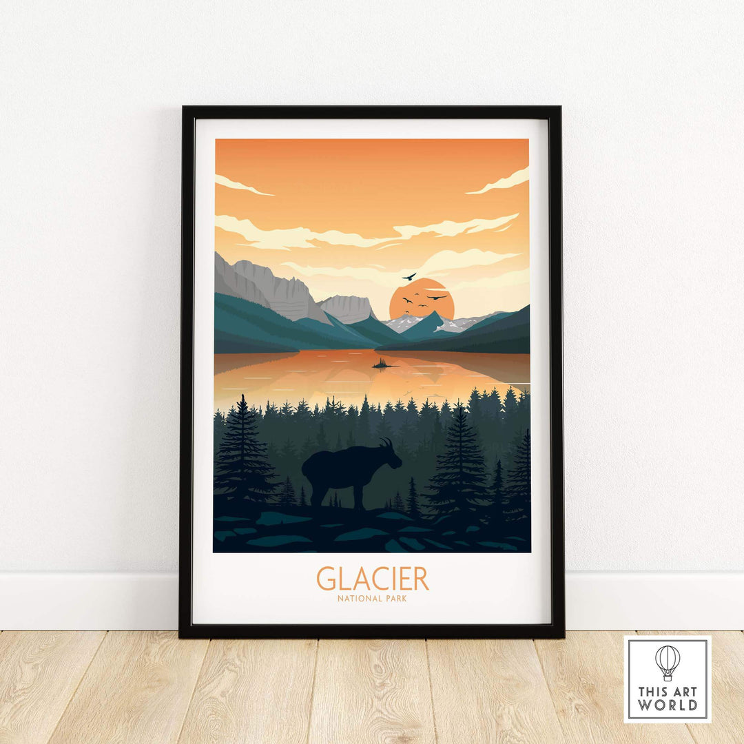 Glacier National Park poster art print featuring a scenic sunset view over mountains and a calm lake.