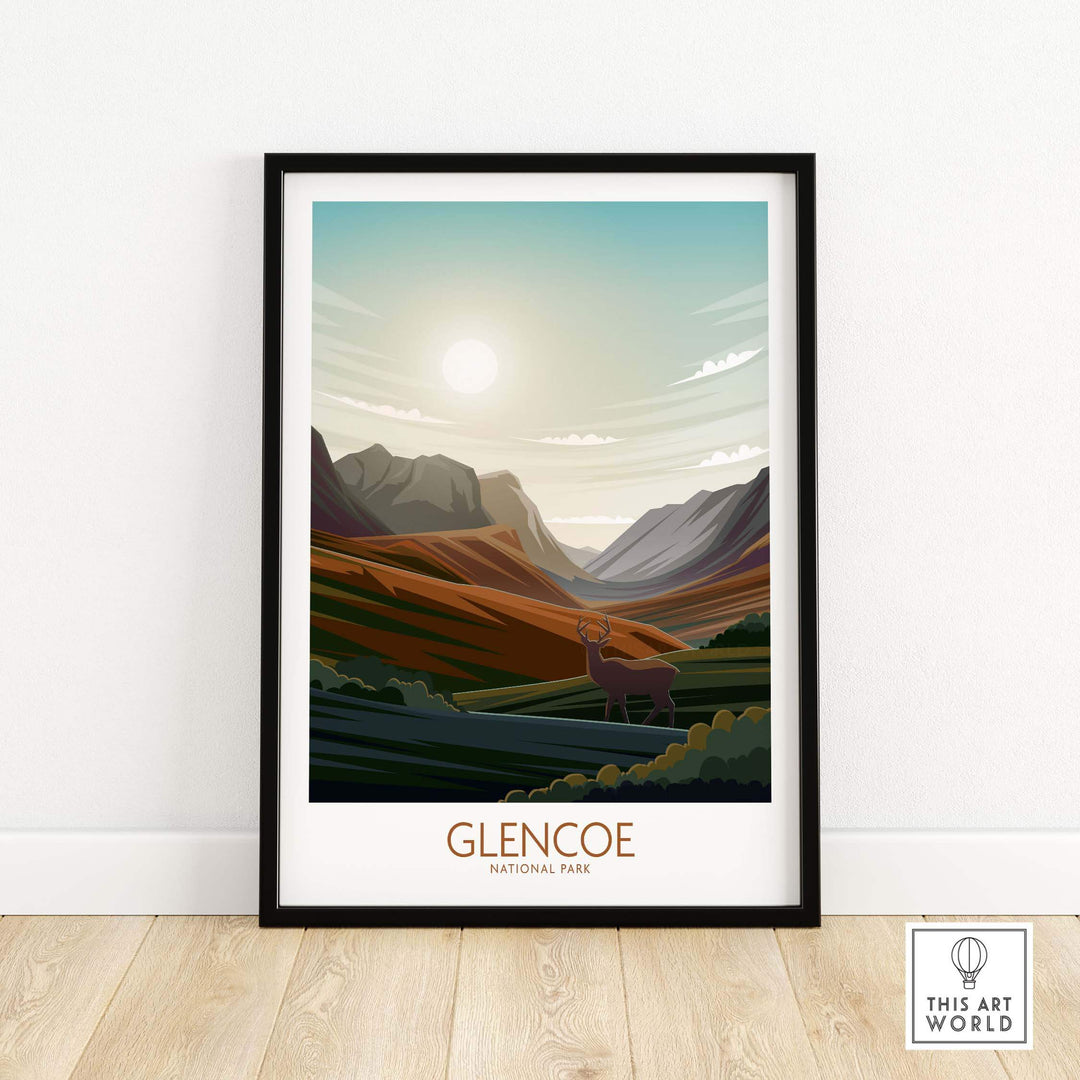 Glencoe National Park poster art print featuring minimalist landscape design and warm colors in a stylish frame.
