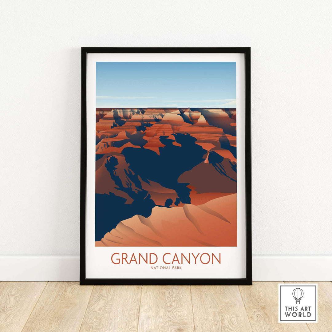 Grand Canyon National Park art print in a black frame showcasing minimalist design and vibrant colors, perfect for home decor.