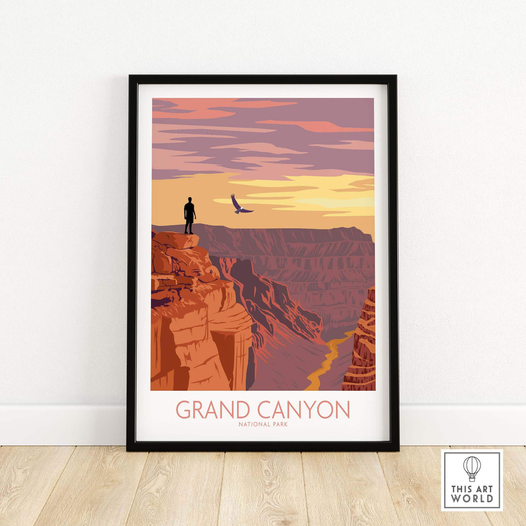 Vintage Grand Canyon poster art print with a silhouetted figure and vibrant sunset colors, framed for stylish décor.