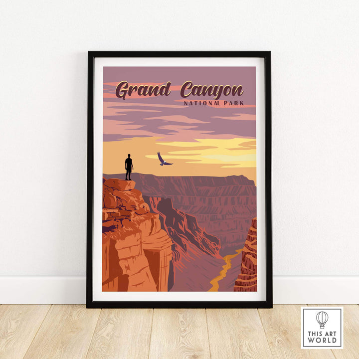 Grand Canyon National Park vintage print showcasing a sunset view with a traveler overlooking the canyon.
