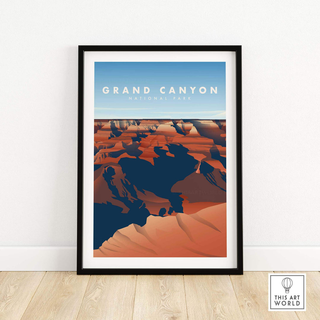 Framed Grand Canyon National Park art print featuring vibrant colors and vintage travel poster design for wall decor.