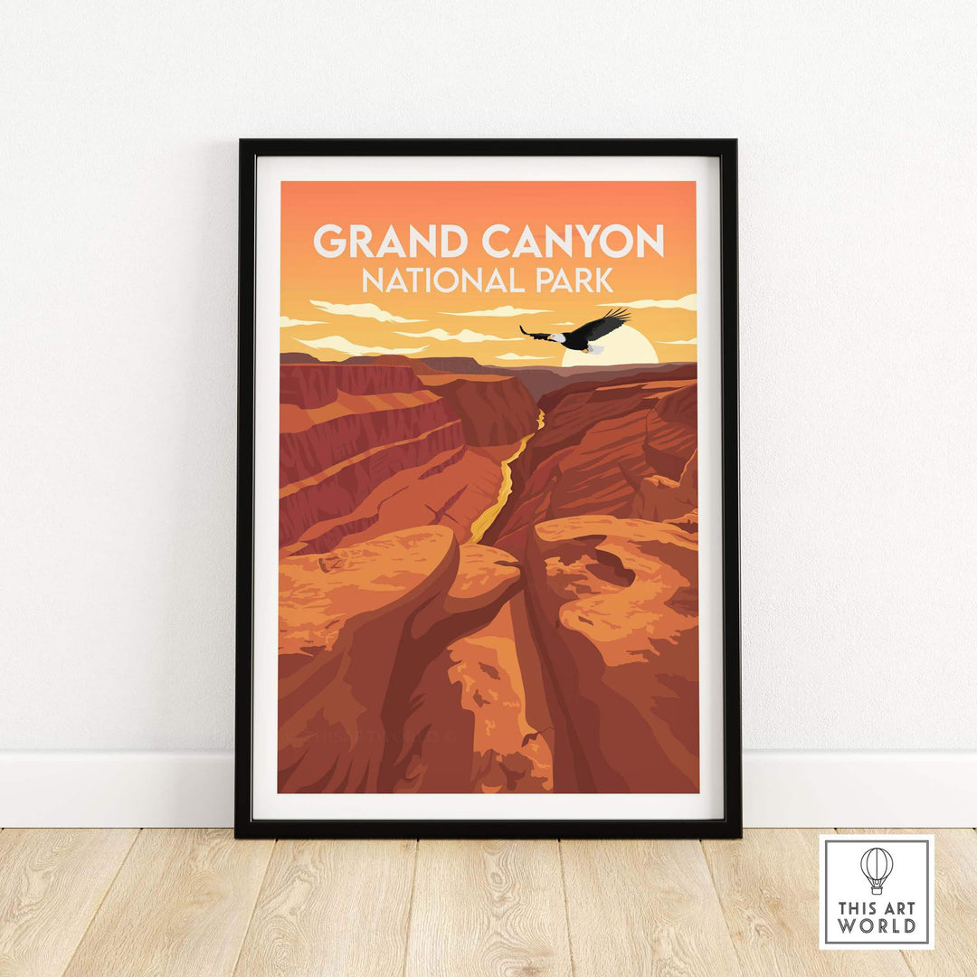 Grand Canyon National Park minimalist poster framed, featuring vibrant red and orange canyon landscape artwork.