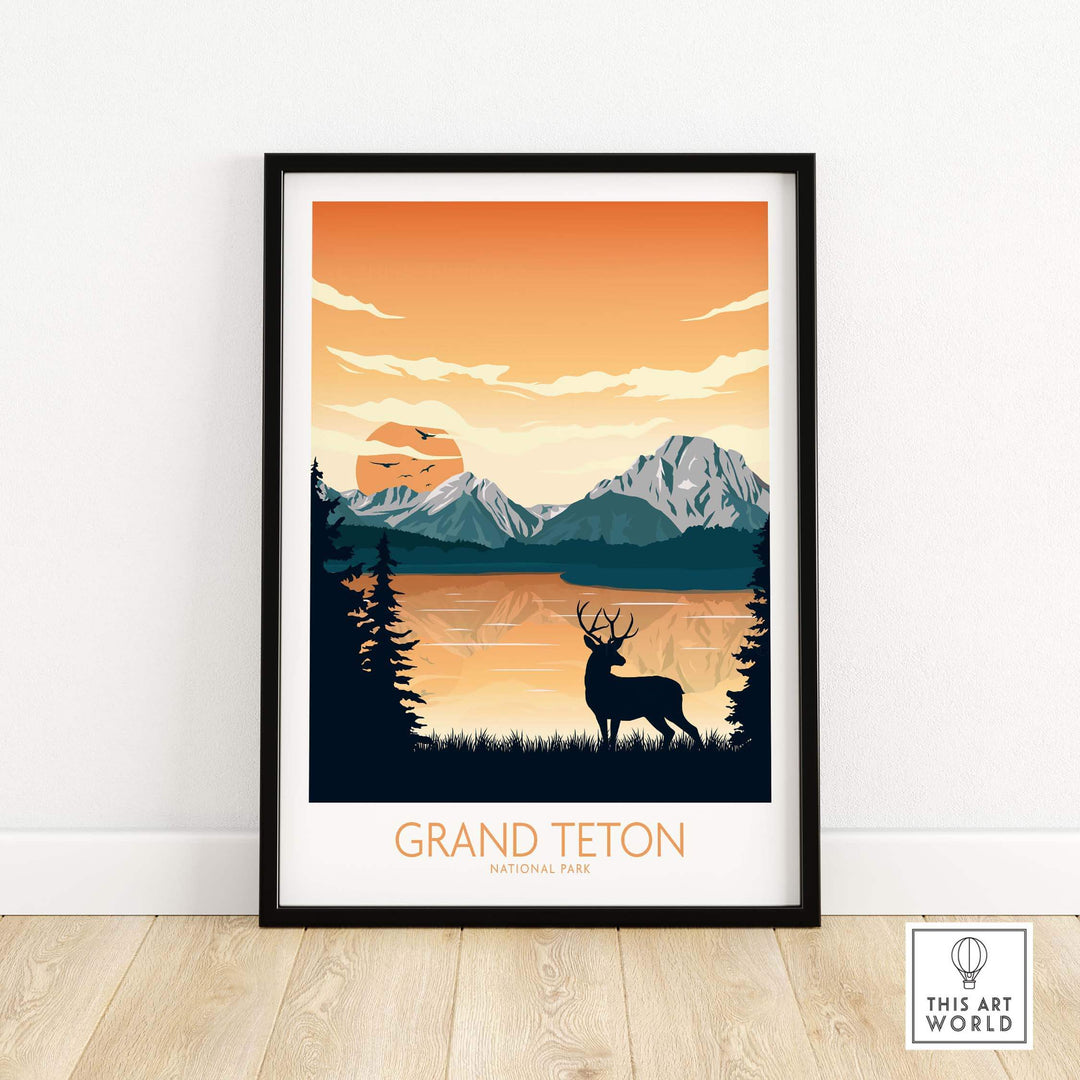 Grand Teton National Park art print featuring mountains, a sunset, and a silhouetted deer in a minimalist style.