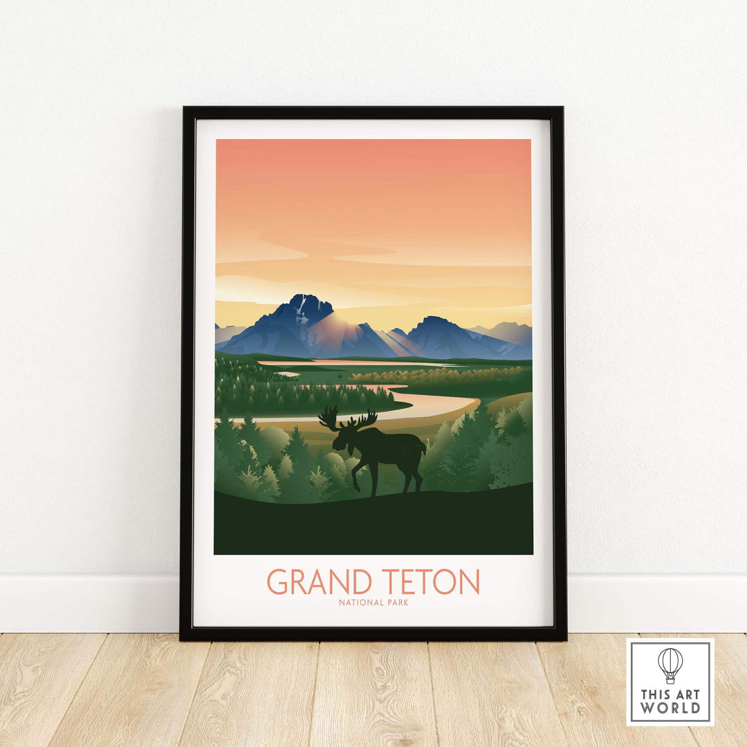 Grand Teton National Park art print in a black frame, featuring mountains and a moose against a sunset background.