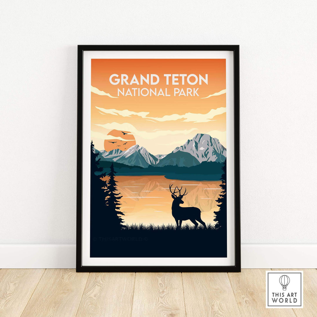 Grand Teton National Park poster featuring mountains, sunset, and a silhouette of a deer in a minimalist design.