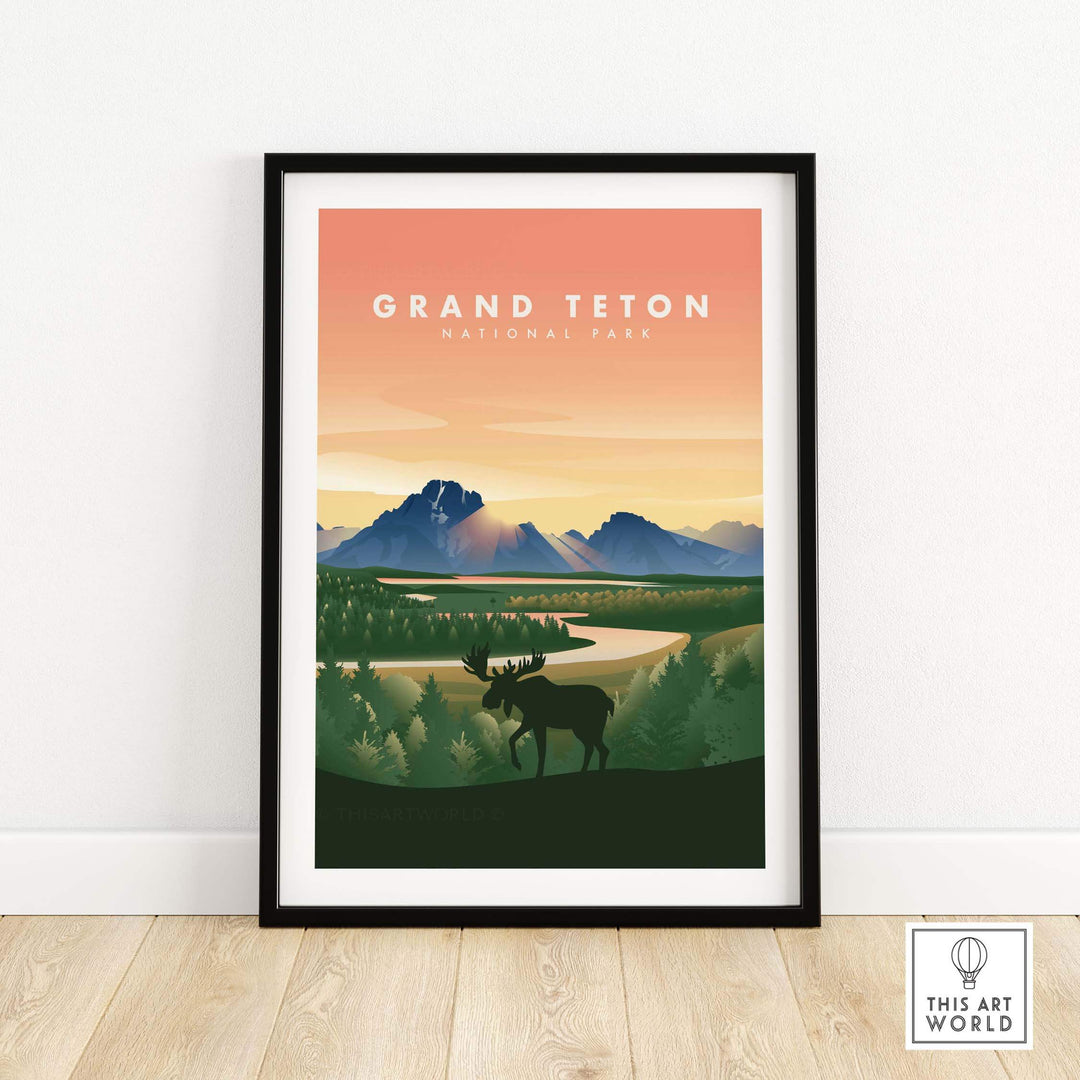 Grand Teton National Park art print featuring a moose, mountains, and Snake River in vintage style.