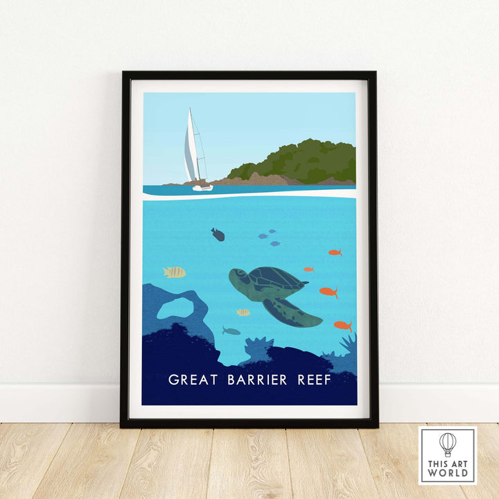Great Barrier Reef print featuring a sailboat and sea turtle in a minimalist vintage style.