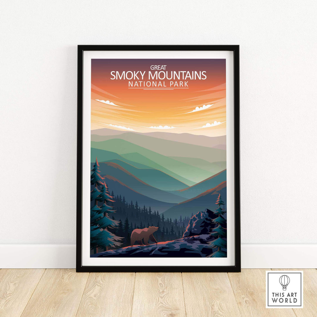 Framed Great Smoky Mountains National Park poster featuring minimalist landscape and bear, perfect for nature lovers.