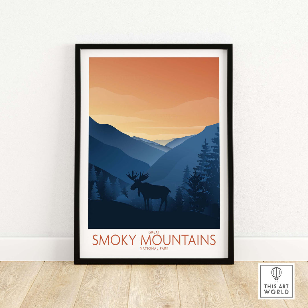 Smoky Mountains National Park Art Print featuring a moose silhouette and a sunset backdrop in minimalist style.