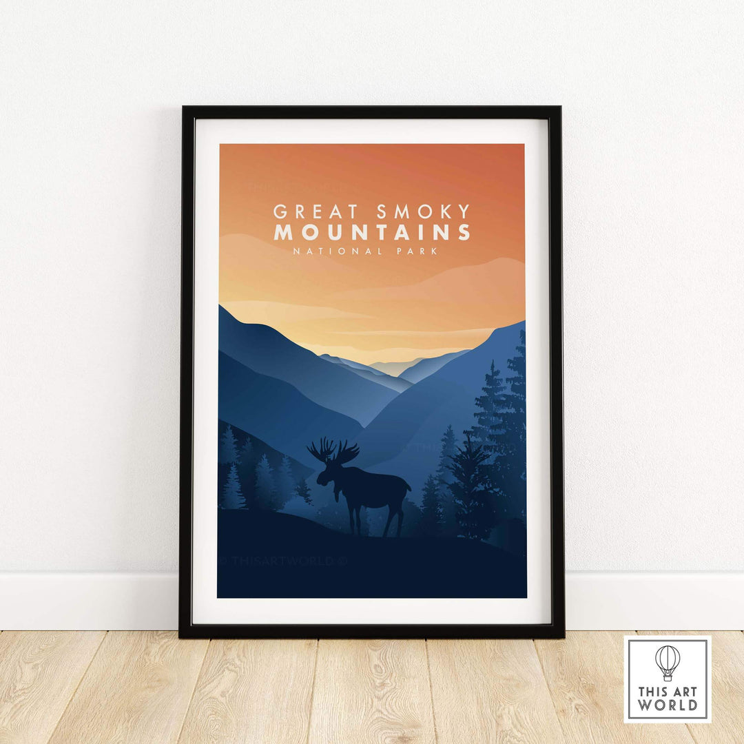 Great Smoky Mountains art print featuring a moose, inspired by vintage travel posters, framed for stylish home decor.