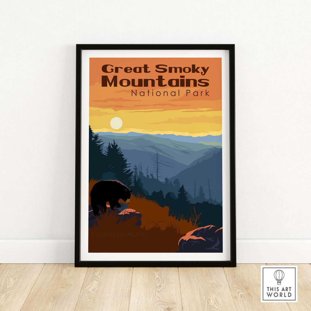Great Smoky Mountains National Park print featuring a bear and sunset, perfect for home or office decor.