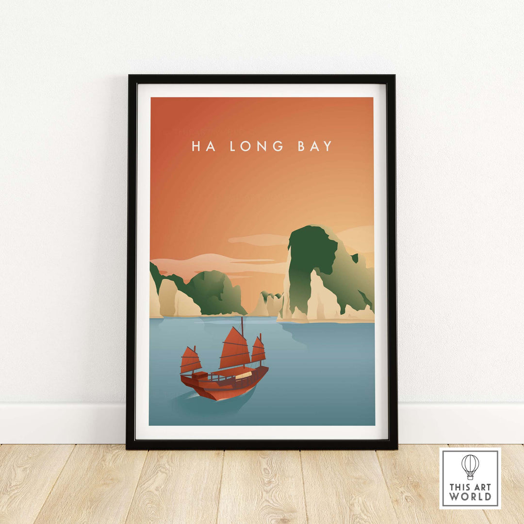 Ha Long Bay wall art poster featuring a boat and scenic landscape, perfect for home or office decor.