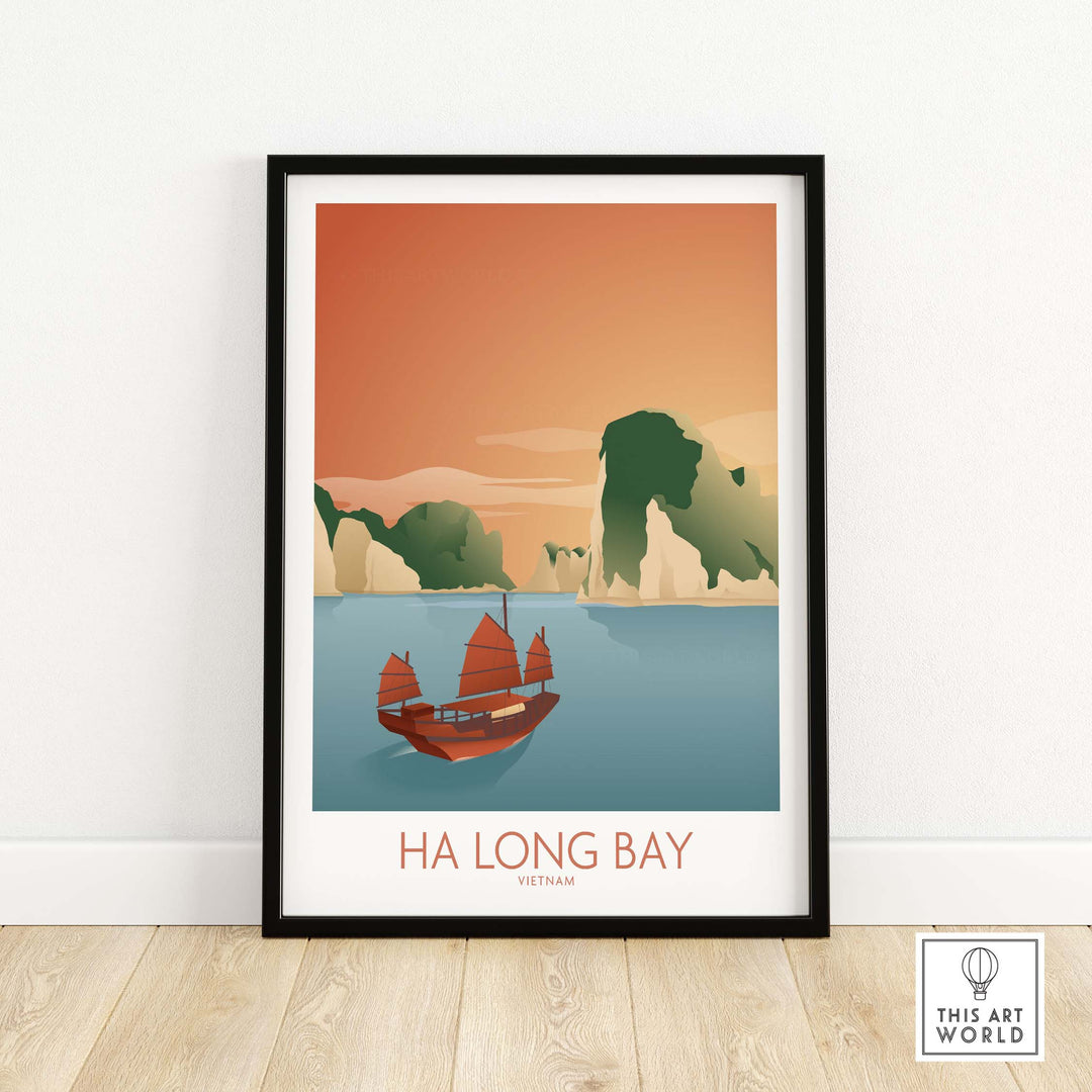 Ha Long Bay Wall Art Vietnam Print with traditional boat and serene landscape in vintage style.