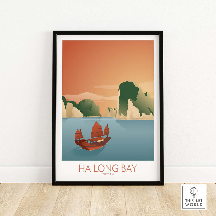 Ha Long Bay Wall Art Vietnam Print with traditional boat and serene landscape in vintage style.