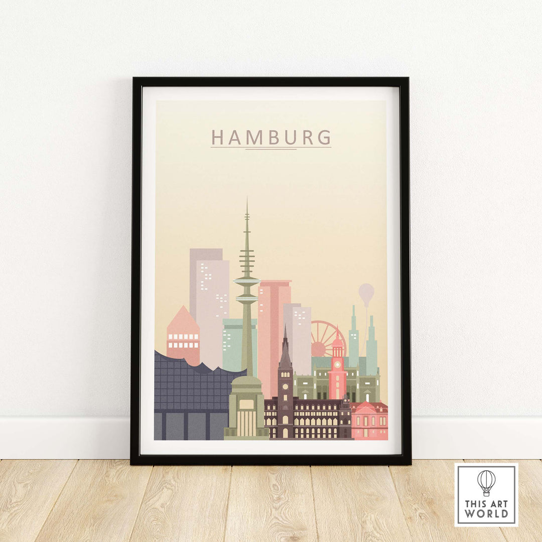 Hamburg City Skyline print in pastel tones, framed wall art showcasing iconic architecture and design.