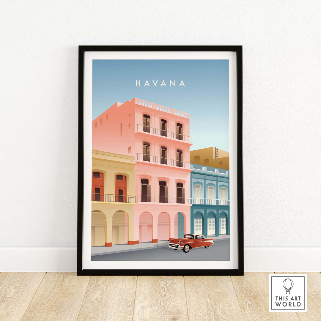 Havana Wall Art Poster featuring colorful vintage buildings and a classic car, perfect for home or office decor.