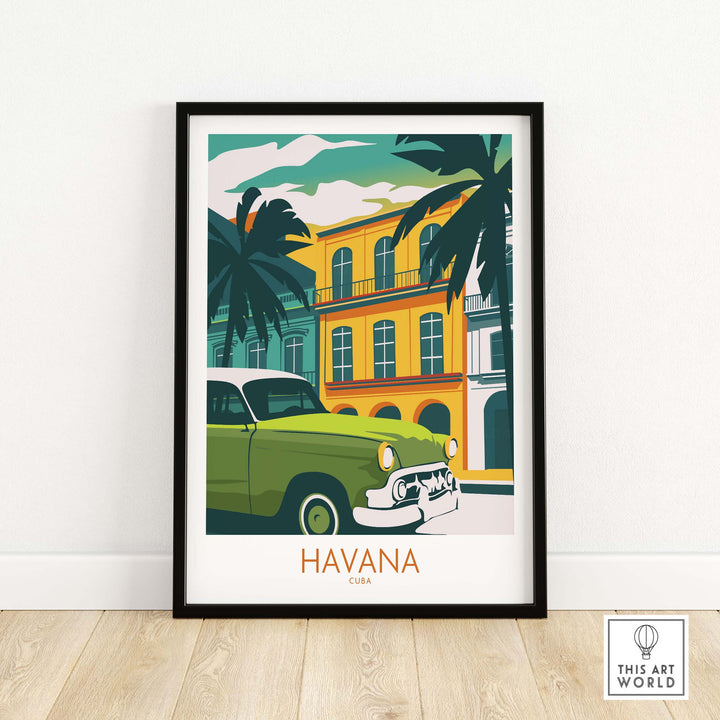 Havana Cuba poster print featuring a vintage car and vibrant palm trees, perfect for stylish home or office decor.