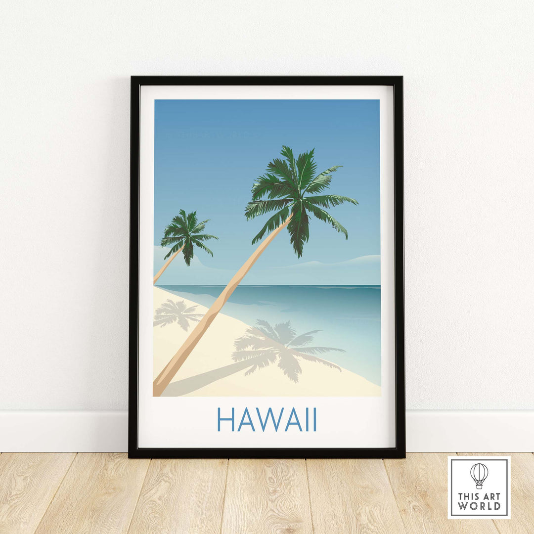 Hawaii beach wall art print featuring palm trees and tranquil ocean, perfect for adding tropical vibes to your home decor.