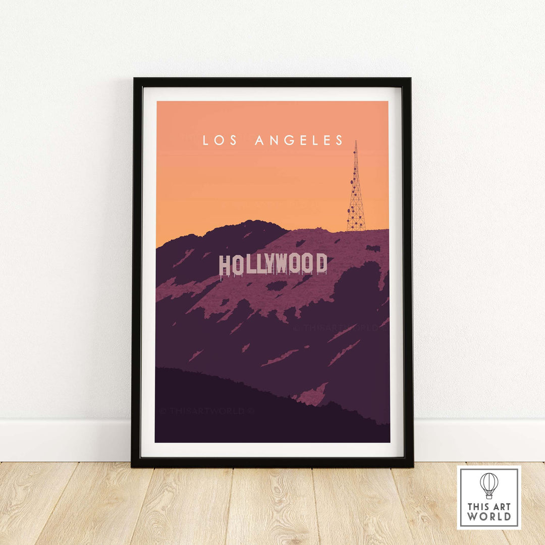 Los Angeles Hollywood Sign Print Wall Art Poster in a stylish frame, featuring vintage-inspired design and warm colors.