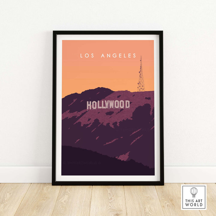 Los Angeles Hollywood Sign Print Wall Art Poster in a stylish frame, featuring vintage-inspired design and warm colors.
