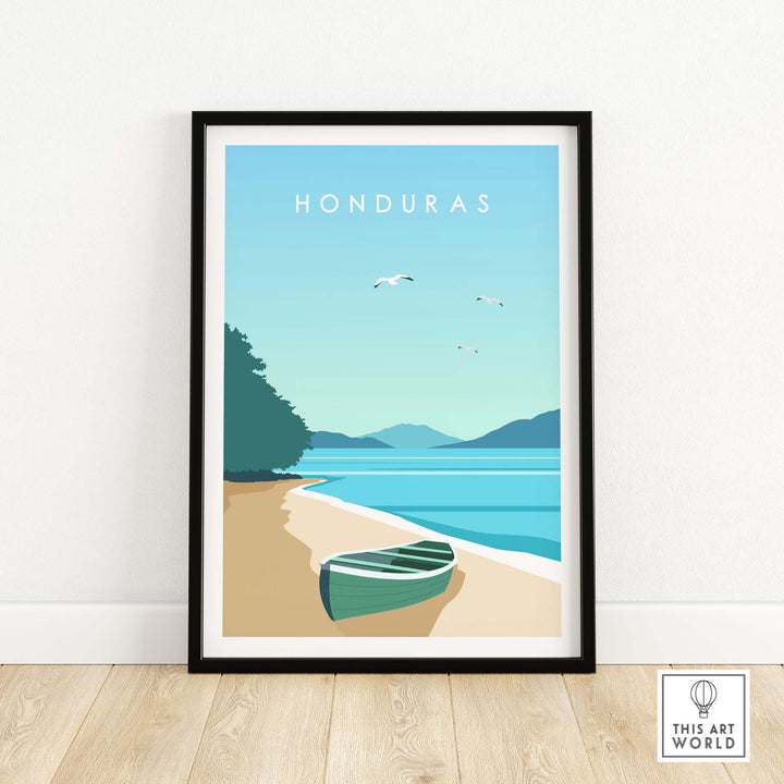 Honduras Print featuring a serene beach scene with a boat and mountains, capturing wanderlust and vintage travel art.