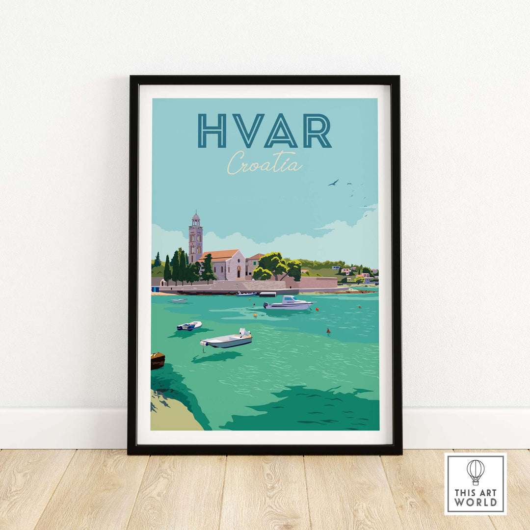 Hvar Croatia Print Poster Wall Art featuring a scenic coastal view with boats and buildings.