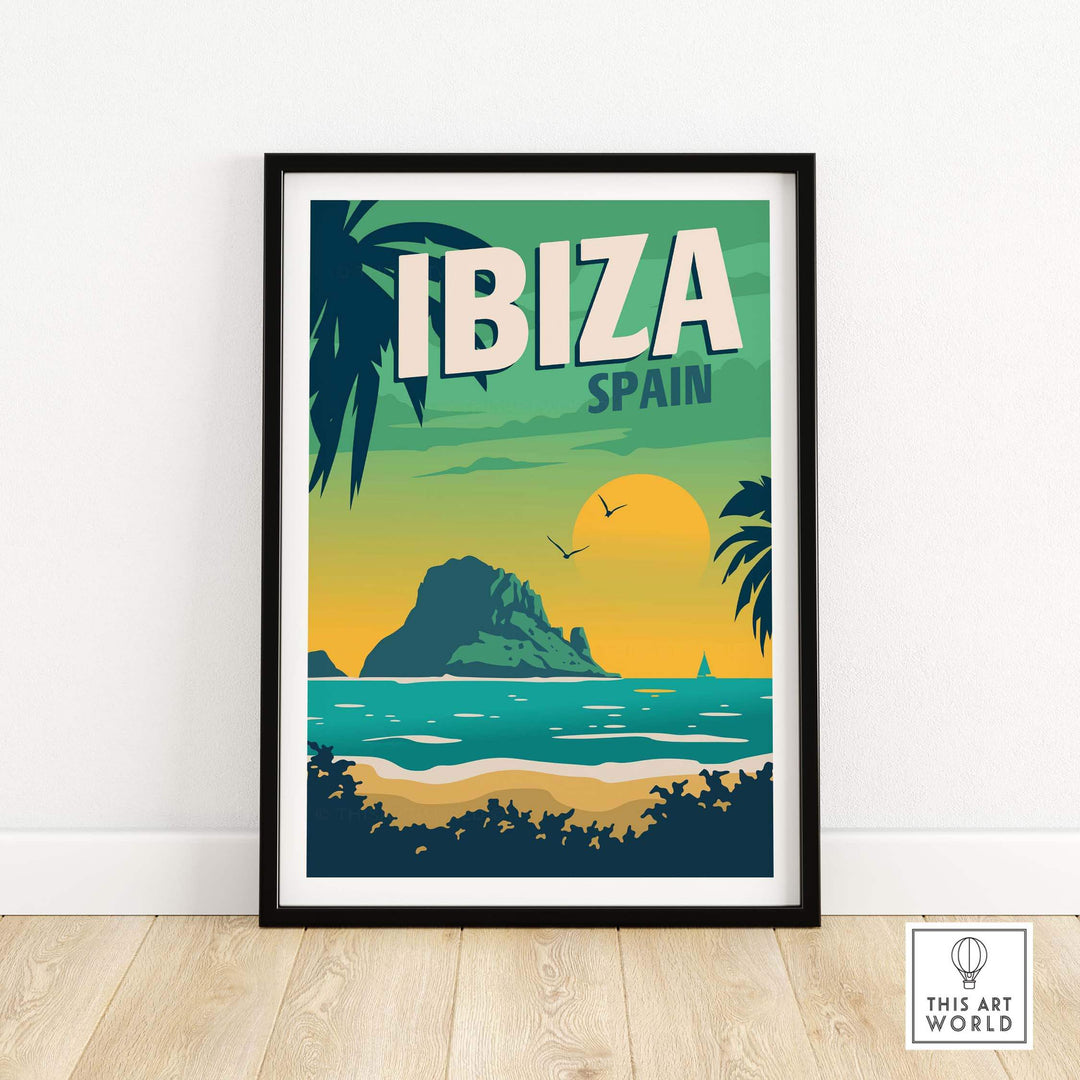 Ibiza Poster Wall Art Print featuring a tropical beach scene and vibrant colors, ideal for home décor.