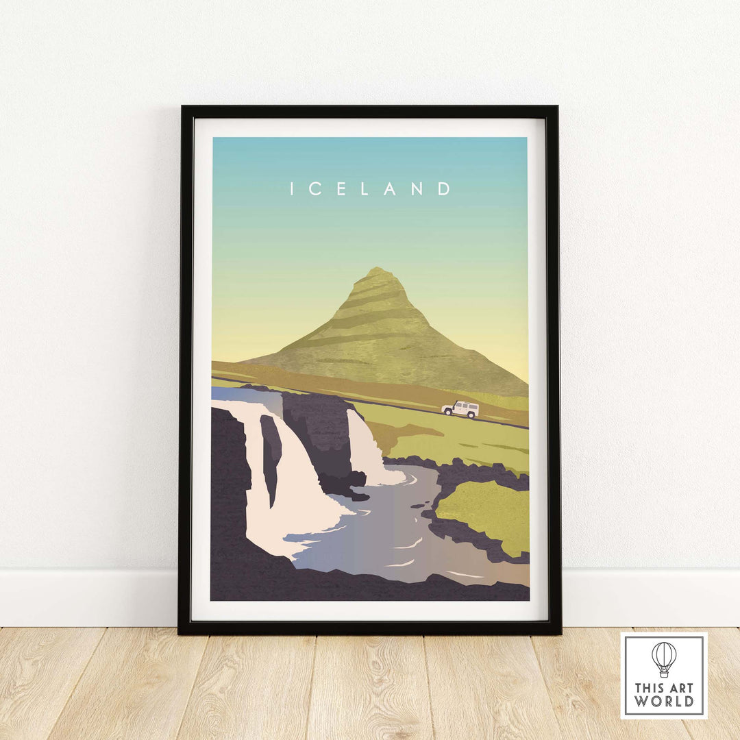 Iceland Print Wall Art Poster showcasing a scenic landscape with mountains and waterfall in vibrant colors.