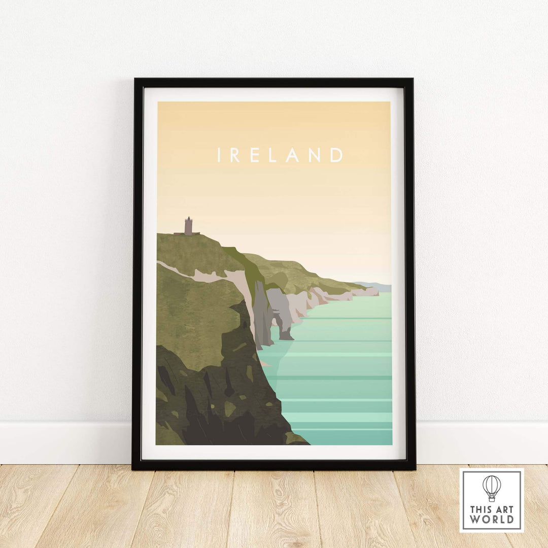 Ireland wall art travel poster featuring cliffs and ocean, inspired by vintage travel designs.