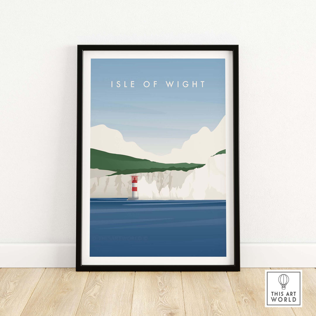 Isle of Wight Wall Art Poster featuring a lighthouse and cliffs in a vintage travel style.