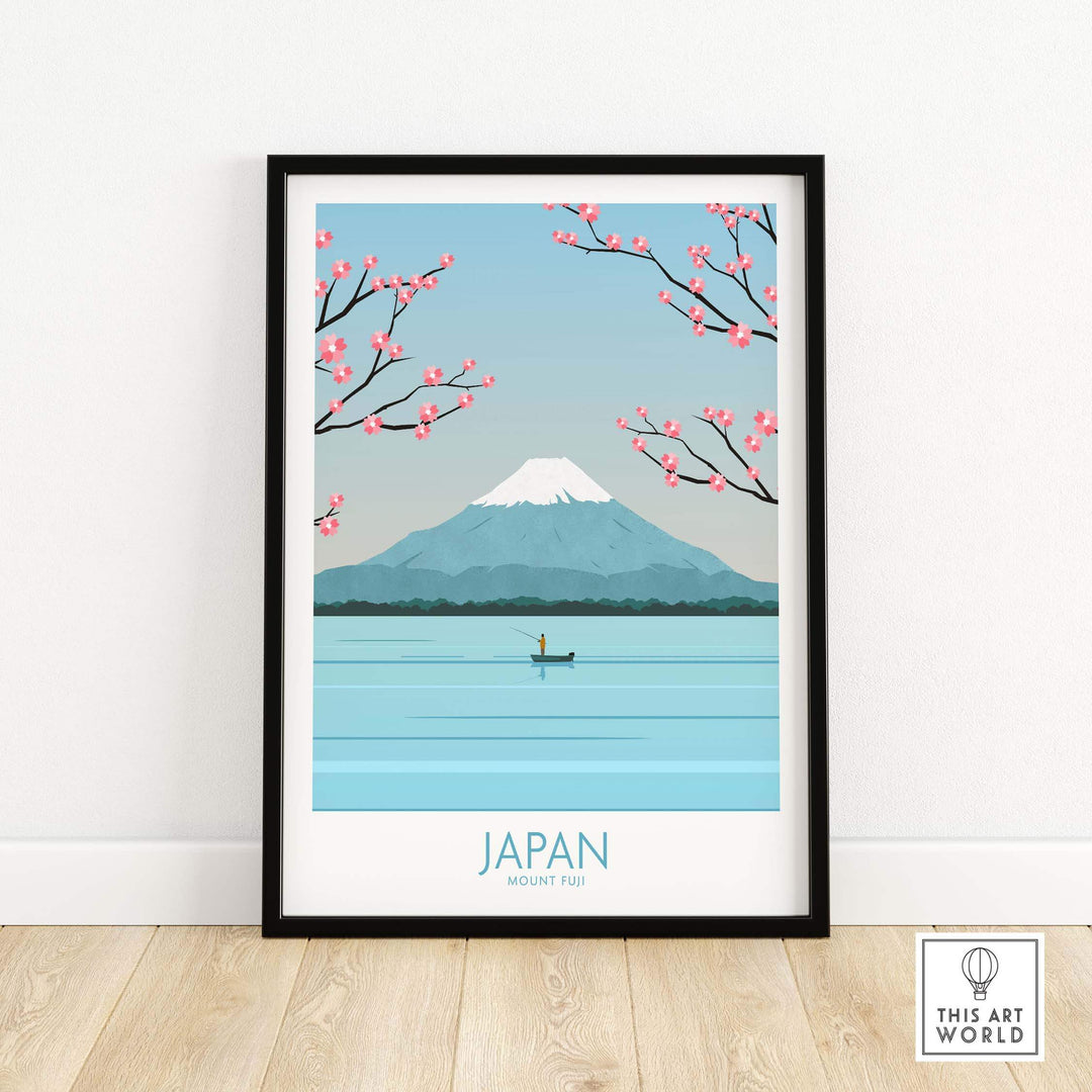 Japan Print Mount Fuji Poster featuring cherry blossoms and a boat on a lake, perfect for home decor.