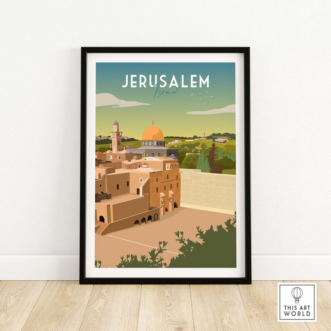 Jerusalem travel poster print in a minimalist style, showcasing iconic landmarks and vibrant colors. Stylish wall art for wanderlust.