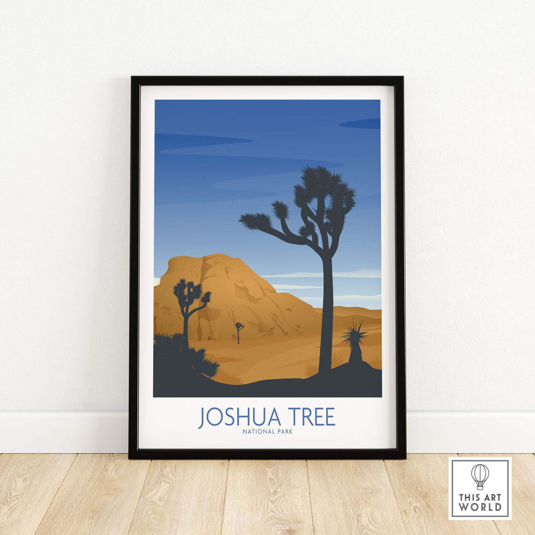 Joshua Tree National Park art print in a black frame featuring minimalist desert landscape and blue sky.