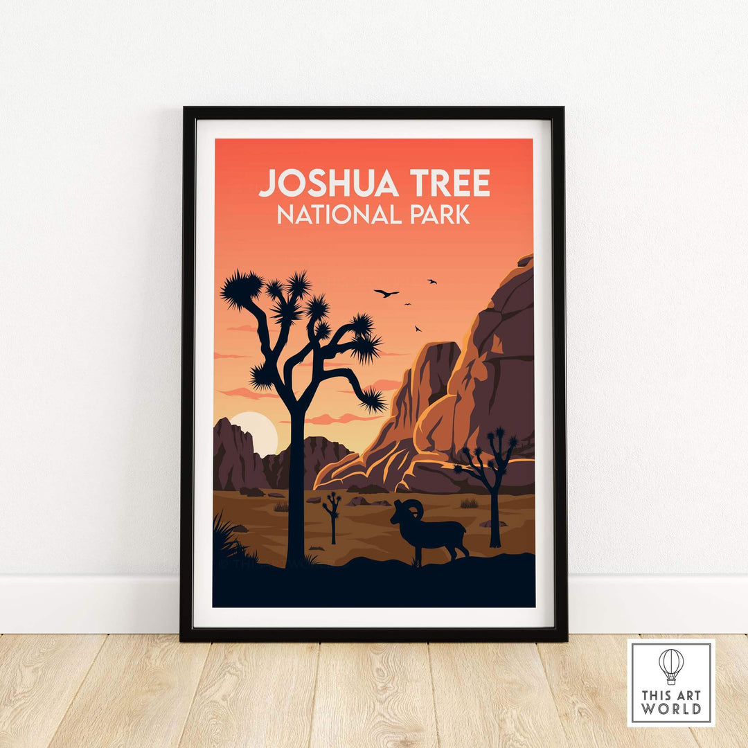 Joshua Tree National Park poster featuring desert landscape and silhouette of trees and wildlife in minimalist style.