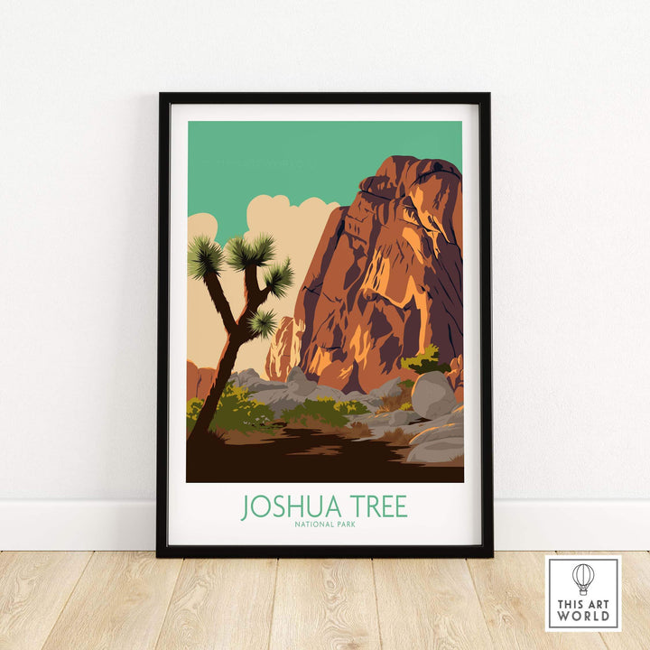 Joshua Tree Poster Print featuring vintage style with rock formations and Joshua trees, perfect for home or office decor.