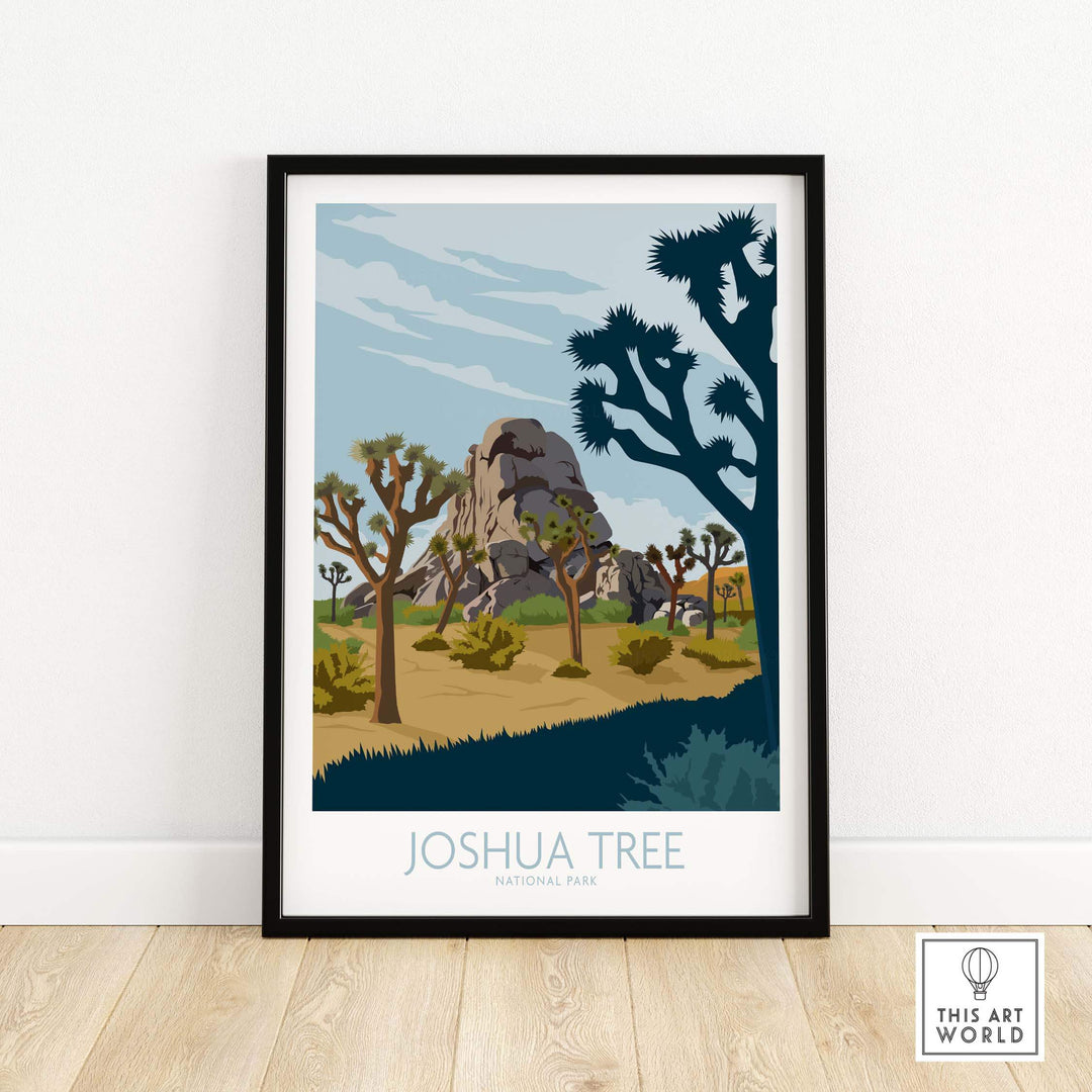 Joshua Tree National Park vintage poster print, showcasing iconic Joshua trees and desert landscape, framed decor for home or office.