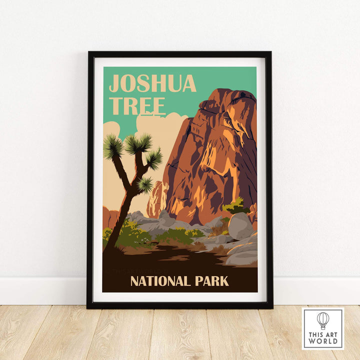 Joshua Tree National Park vintage poster print featuring rock formations and desert landscape.